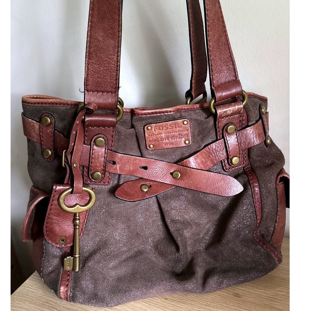 Fossil Long Live Vintage 1954 Brown Suede Leather Satchel Bag Brass Key Charm